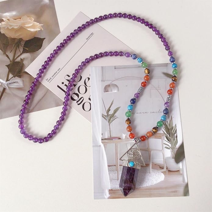 EDEN'S CALL Tree of Life 7 Chakra Stone Beads Necklace for Women and Men Hexagonal Crystal Point Pendant Necklace