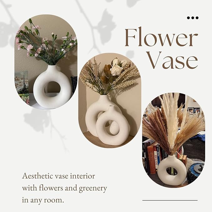 White Ceramic Donut Vase Set of 2, Big Hollow Round Matte Pampas Flower Vases - Image 4