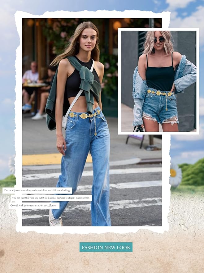 FIORETTO Metal Waist Chain Link Belt for Women Western Cowgirl Boho Turquoise Belts for Dress Jeans Country Concert Outfit
