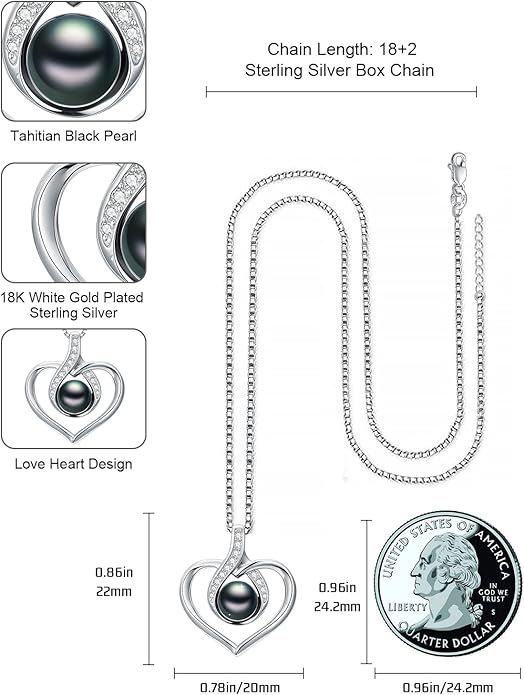 Tahitian Black Pearl AAAA 18K White Gold Plated Sterling Silver Heart Pendant Necklace for Women Wife Mom Girlfriend Valentine Her Jewelry Gift for Anniversary Birthday Christmas