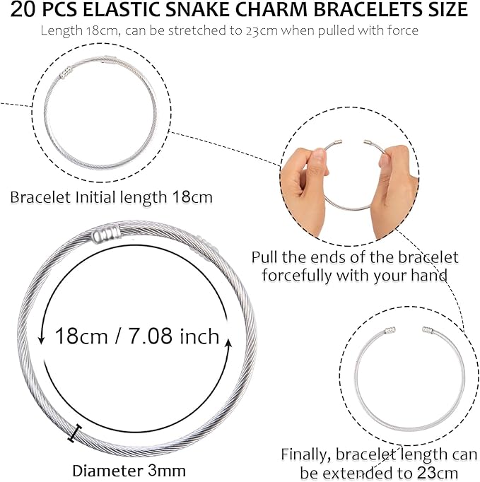 20Pcs Snake Charm Bracelet Expandable Elastic Bangle Bracelets Stainless Steel Silver Snake Bracelet For Women Diy Jewelry Making Supplies