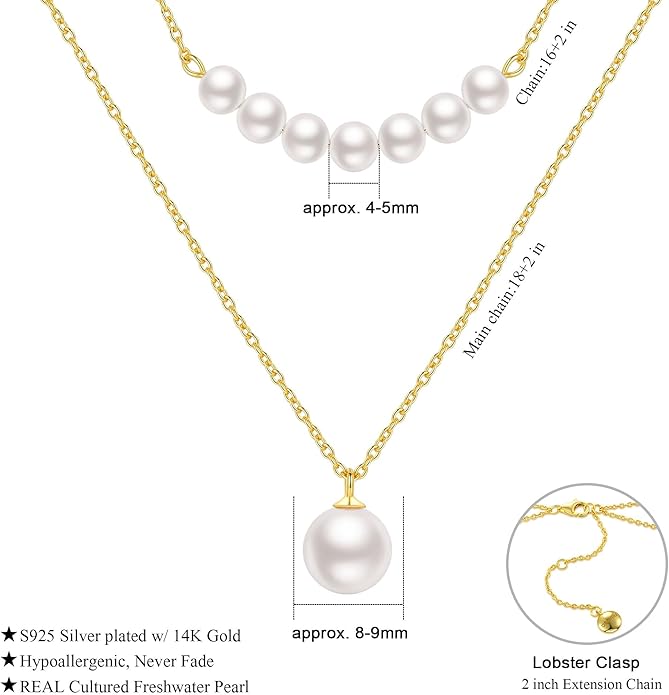 Pearl Necklace for Women with 14K Gold Plated S925 Silver & Butterfly Pendant Necklace, 17.7"+2" Chain Length, Gift for Birthday, Mothers Day, Christmas, Anniversary, Graduation