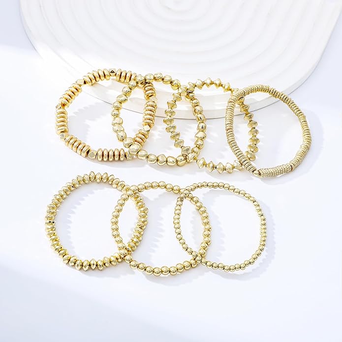 Gold Plated Beaded Bracelets for Women Trendy, 14K Gold Plated Stack Cross Pearl Gold Plated Bead Stretch Bracelets Set Elastic Hypoallergenic Bracelets Jewelry Gifts