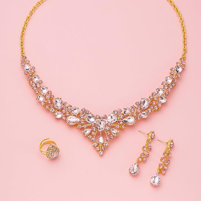 Crystal Bridal Wedding Jewelry Sets for Women Rhinestone Teardrop Crystal Statement Choker Necklace Drop Earrings Link Bracelets Rings Teardrop Jewelry Set for Brides Bridesmaids