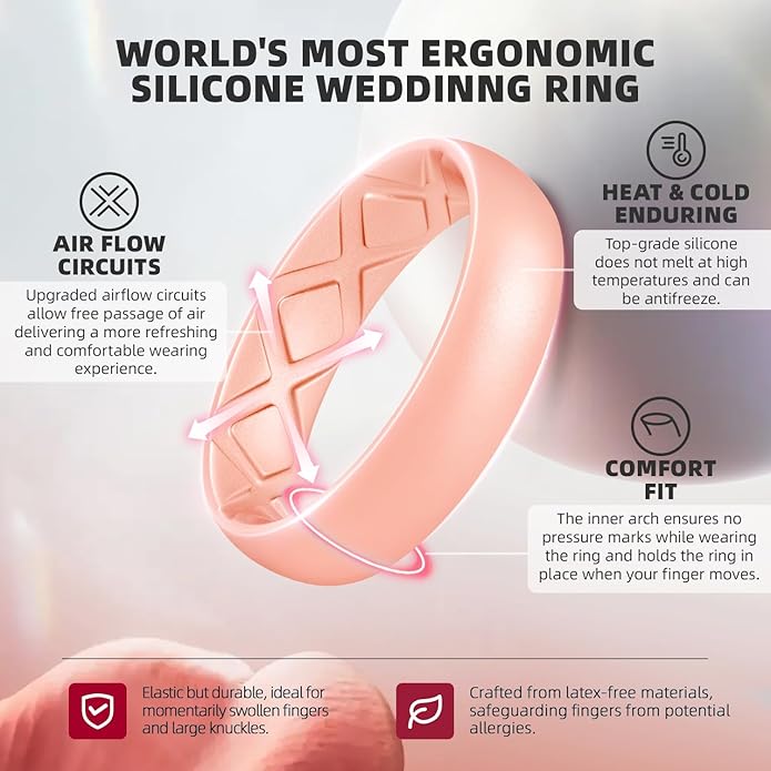 Egnaro Women's Bridal Rings Sets, Inner Arc Ergonomic Breathable Design Silicone Rubber Wedding Bands
