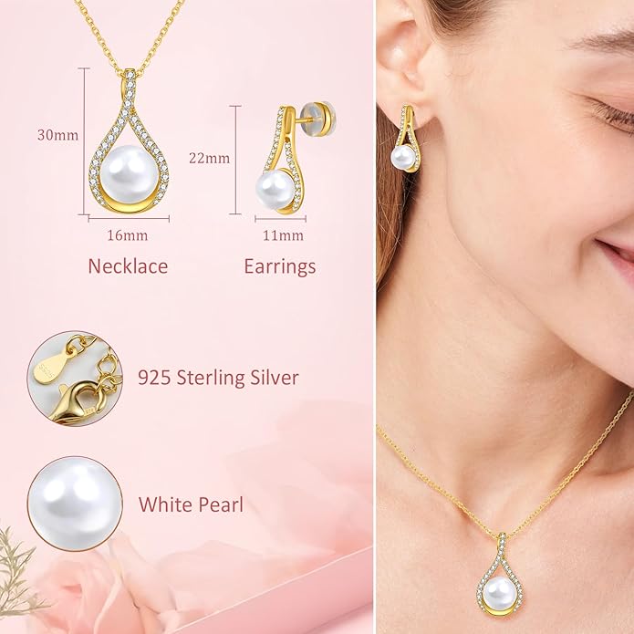 Pearl Necklace and Earring Set for Women- 925 Sterling Silver Adjustable Jewelry Set, White Gold /14K Gold Plated Infinity Black White Pearl Jewelry Set Anniversary Birthday Gifts for Her