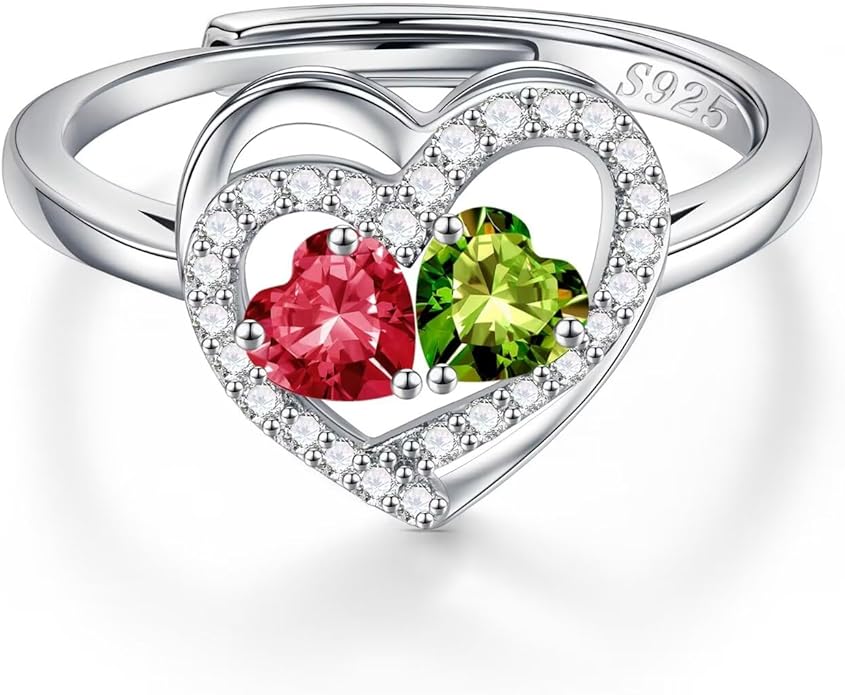 Iefil Adjustable Ring for Women - 925 Sterling Silver Double Birthstone Rings, Anniversary Birthday Gifts for Women Wife Her