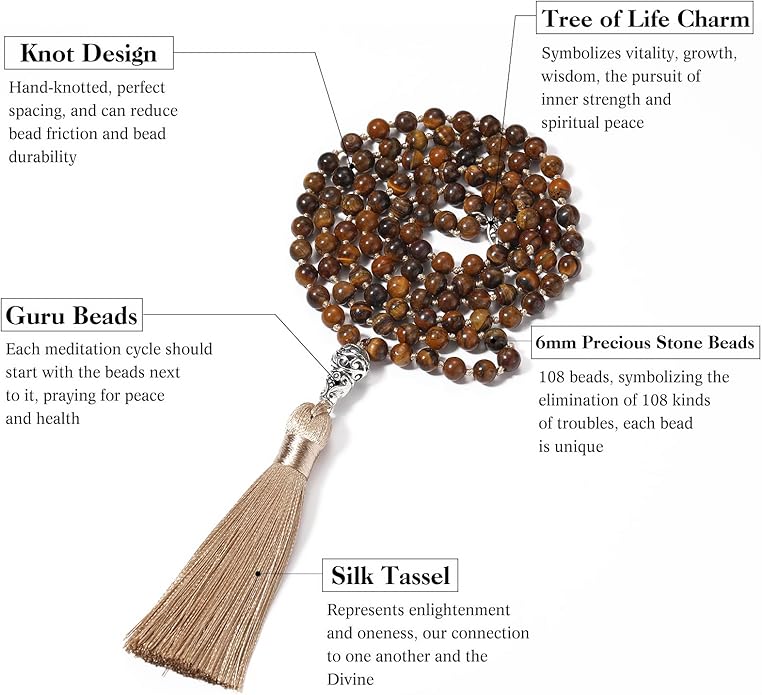 INBLUE 108 Mala Prayer Beads Wrap Necklace with Long Tassel Boho Necklace for Women Amazonite Bead Bracelet with Spiritual Tree of Life Pendant 108 Beads Necklace for Meditation