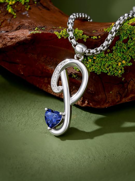 Valentines Day Gifts for Women Alphabet A to Z Initial Birthstone Pendant Necklaces for Women - 18k White Gold Plated Personalized Name Jewelry Valentine Mothers Day Birthday Gifts for Women Her Girlfriend