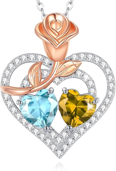 AGVANA Valentines Day Gifts Birthstone Necklace for Women Sterling Silver Rose Flower Heart Double Birthstone Jewelry Pendant Necklace Anniversary Birthday Gifts for Women Mom Wife Girlfriend Her