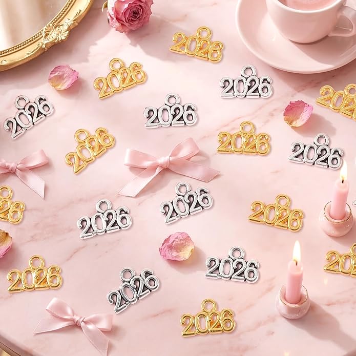 Larrel 140 Pcs 2026 Charms for Crafts, Alloy 2026 Charms for Ornaments, 1.4×0.9cm/0.56×0.36in Mini Letter Charm for Jewelry Making DIY Graduation Tassel Charm Supplies(Gold, Silver)