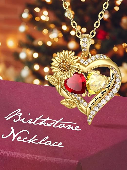Sunflower Heart Necklace for Women 14K Gold Exquisite Valentines Day Anniversary Birthday Gifts for Wife Mother Her Double Birthstone Pendant Jewelry‘You Are My Sunshine’