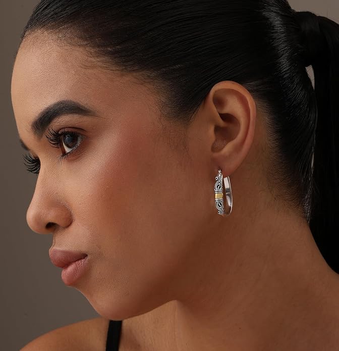 LeCalla 925 Sterling Silver Bali-Style Hoop Earrings Lightweight Click-Top Antique Two-Tone Beaded Italian Bali Style Earring Hoops for Women