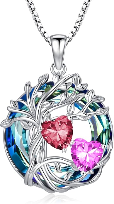 TOUPOP s925 Sterling Silver Family Celtic Tree of Life Pendant Necklaces with 2 Heart Birthstone with Blue Austrian Crystal Jewelry Birthday Valentines Day Gifts for Her, Anniversary Christmas Gifts for Wife Girlfriend Mom (18K Real White Gold Filled)