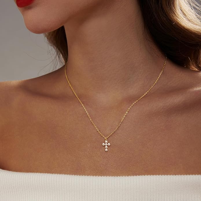 Zeffy Cross Necklace for Women,18K Gold/Silver Plated Tiny Cubic Zirconia Cross Pendant Necklace for Women Simple Layered Cross Necklaces for Women