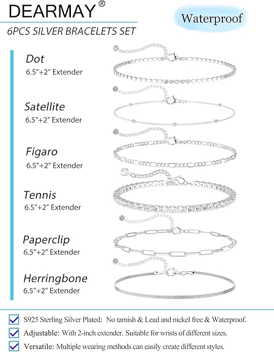 DEARMAY Dainty Silver Plated Bracelets for Women Trendy, Silver Jewelry Set for Women Bracelets for Women Paperclip Box Herringbone Figaro Rope Chain Bracelet Fashion Pack Gifts for Women