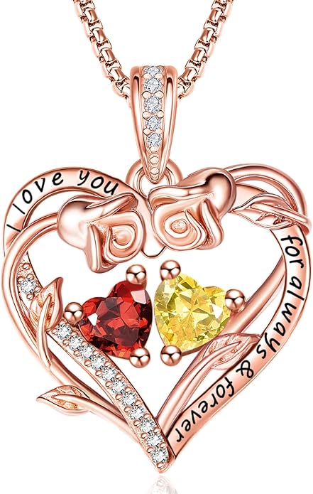 Rose Heart Necklaces for Women, Rose Gold Forever Love Jewelry with 2 Birthstones Pendant,Valentines Anniversarry Birthday Gifts for Her Wife Mom Grandma Daughter, 18+2 Inch Chain