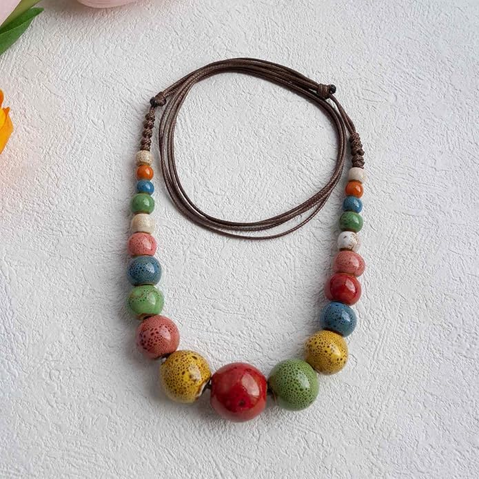 Boho Round Colorful Ceramic Beaded Necklace, Adjustable Hippie Statement Necklace, Handmade Ethnic Jewelry Gift for Women