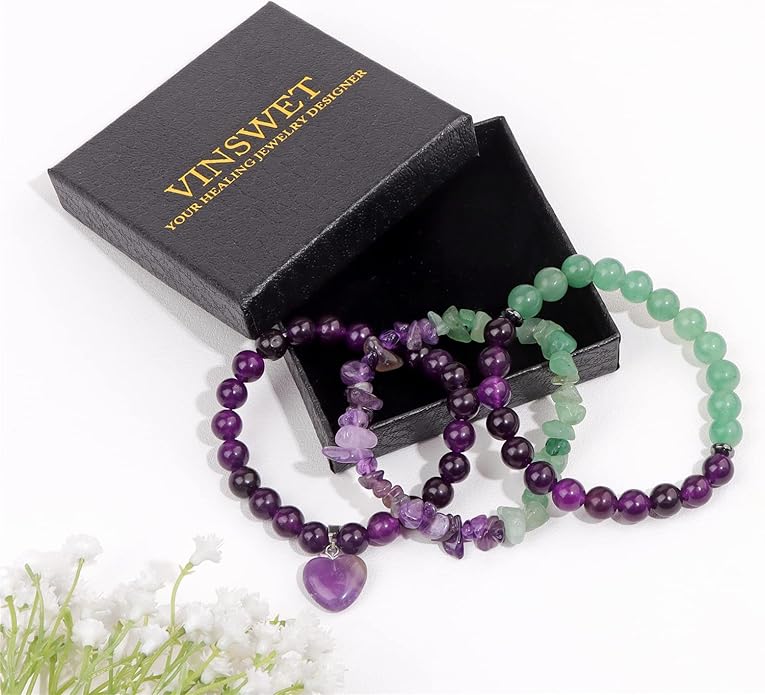 Healing Crystal Beaded Bracelets for Women,Natural Amethyst Gemstones Bracelet,Anxiety Stress Relief Heart Charm Bracelet Handmade purple Jewelry Gifts for Women