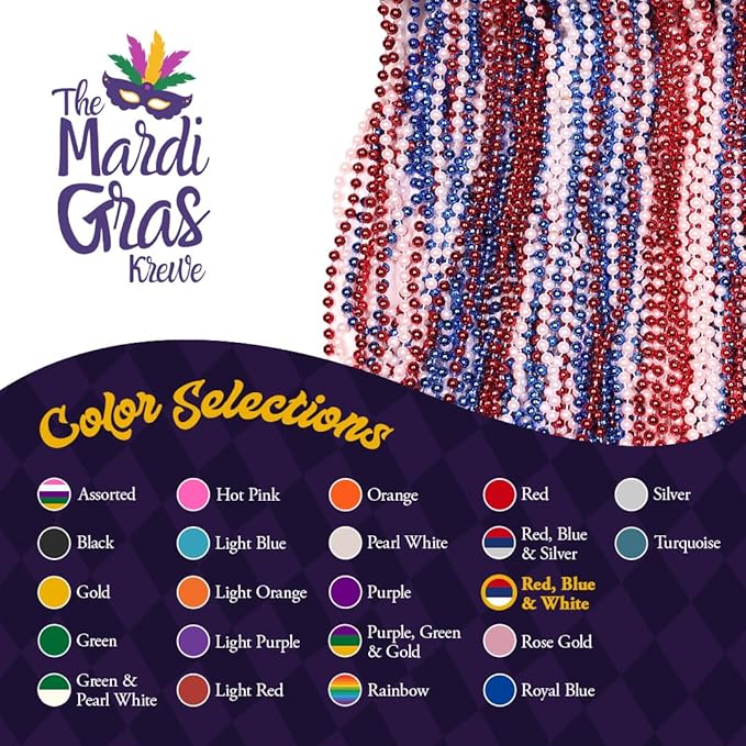THE MARDI GRAS KREWE - Beads Necklaces Mardi Gras 72 Pack, 6 Dozen 33" 7mm - Party Favors, Parades, Bulk Decorations, Costumes, Festivals, Events - Red White Blue