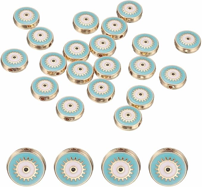 MECCANIXITY 20 Pcs Flat Round Evil Eye Beads Colorful Flat Loose Spacer Evil Eye Charms for DIY Bracelet Earrings Necklace Crafts Jewelry Making, Sky Blue
