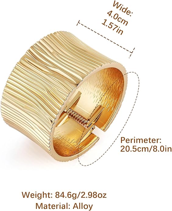 HZMAN 18K Gold Plated Wide Cuff Bracelet for Women - Premium Alloy Shiny Polished Double Layer Statement Bangle, Trendy Daily Wear Party Jewelry Accessory