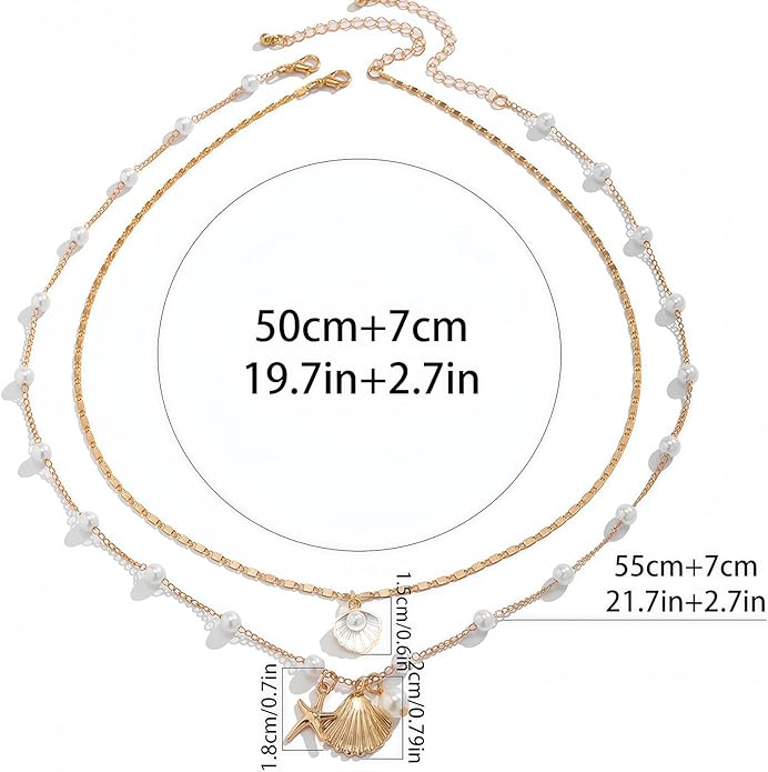 Shell Starfish Necklace for Women, 14k Gold Plated Boho Layered Beaded Charm Pendant Necklace, Dainty Adjustable Pearl Conch Summer Beach Vacation Jewelry Gifts