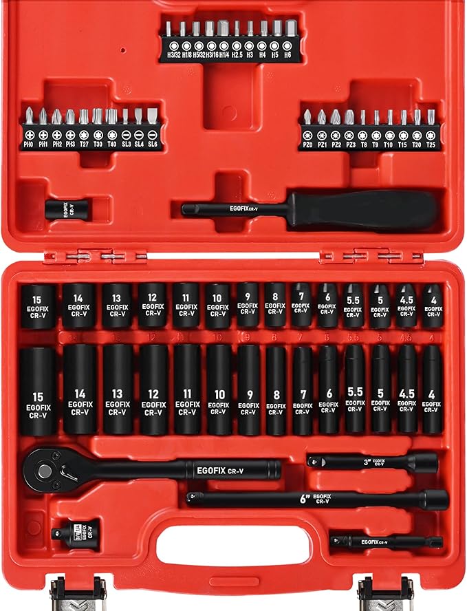 1/4" Ratchet Wrench Socket Set 65 Piece, Metric Shallow Socket and Deep by EGOFIX