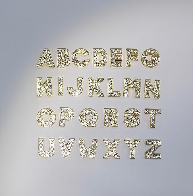 52 PCS A-Z Full Rhinestones Charms 8MM Slide Alphabet Crystal Letters for DIY Slide Wristbands Bracelets,Hair Clips,Jewelry Making Charms（52 PCS Gold 8mm）