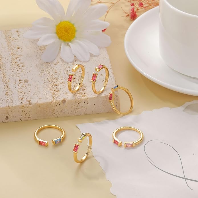 WFYOU Gold Birthstone Rings for Women - Non Tarnish Dainty 14K Gold Plated Stackable CZ Rings for Her & Couples - Personalized Jewelry Gift for Birthday