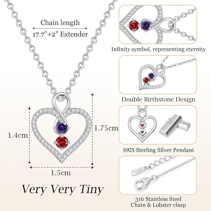 LOUISA SECRET Infinity Double Birthstone Necklace, 925 Sterling Silver Tiny Pendant Heart Necklace for Women Wife Her, Best Jewelry Gift Heart Jewelry Meaningful Gift for Valentine's Day, Christmas, Birthday Anniversary