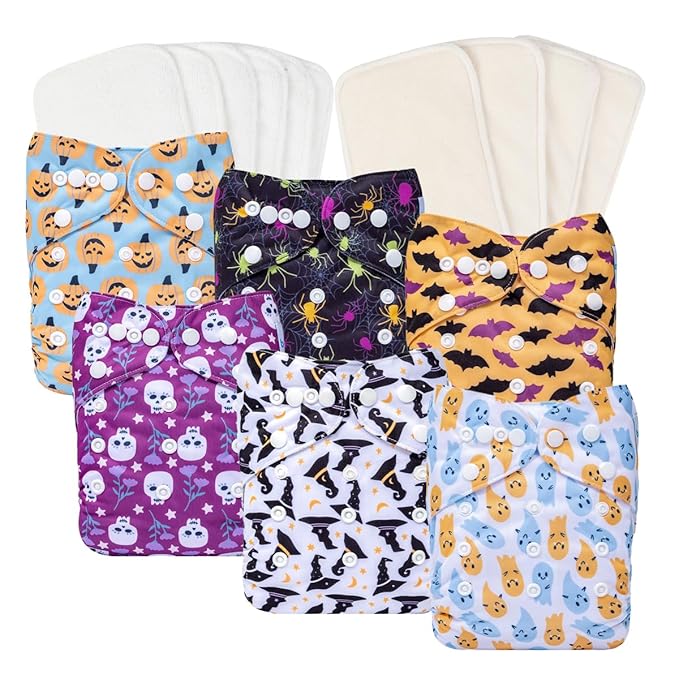 Babygoal Halloween Cloth Diapers 6 Pack with 10 Inserts, Baby Reusable Adjustable Washable One Size Pocket Nappy Covers 6FN35