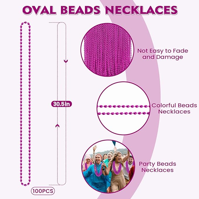 SHAOQINLIN 100 PCS Breast Cancer Awareness Necklaces, Hot Pink Oval Beads, 30.5" Breast Cancer Awareness Bead Necklaces Accessories for Parade Throw Supplies