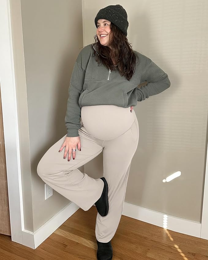 G4Free Maternity Pants Over The Belly Yoga Dress Work Pregnancy Pants Stretchy Lounge Wide Leg Trousers with Pockets