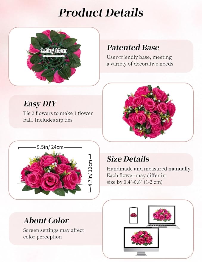 BLOSMON Hot Pink Flowers for Wedding: 10 Pcs Fakel Rose Balls for Table | Easy - Image 6