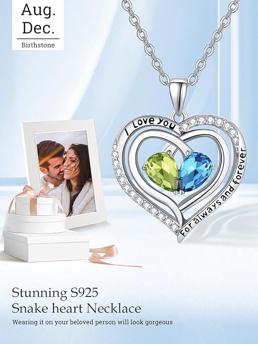 Valentine's Day Gifts for Wife 925 Sterling Silver Double Birthstone Pendant Necklaces I Love You for Always and Forever Necklace Anniversary Birthday Gifts for Wife Girlfriend Mom Her