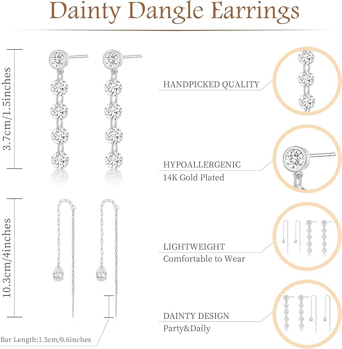 Dangle Earrings For Women Trendy 14K Gold Plated Drop Silver Long Dangling Dainty CZ Simple Hanging Jewelry