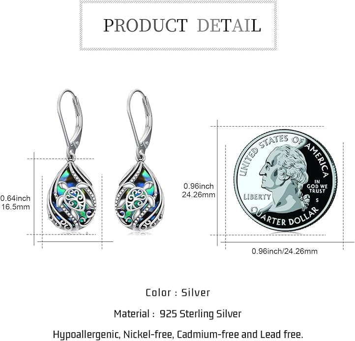 Animal Earrings 925 Sterling Silver Abalone Shell Dangle Drop Earrings Leverback Earrings Cute Animal Jewelry Gifts for Women Girlfriend