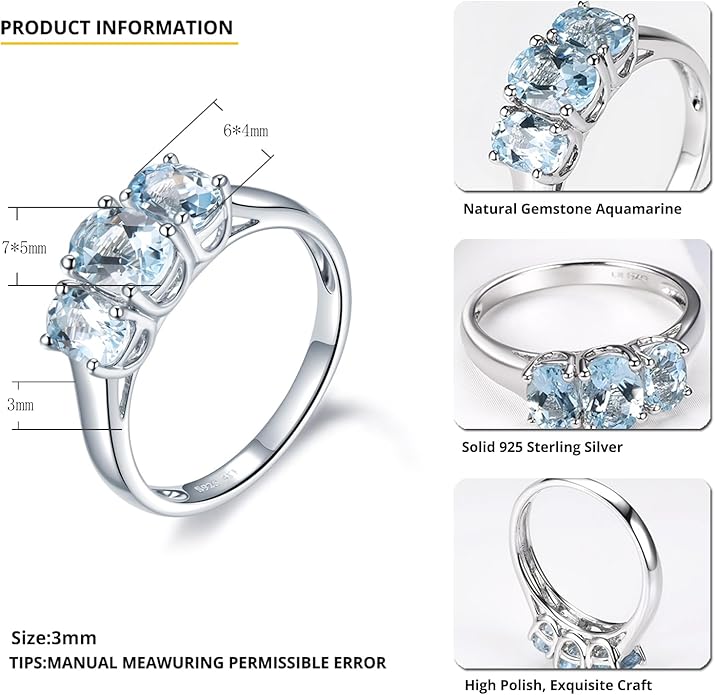 Natural Aquamarine Rings for Women S925 Sterling Silver Real Gemstone March Birthstone Simple Promise Ring Elegant Style Fine Jewelry for Birthday