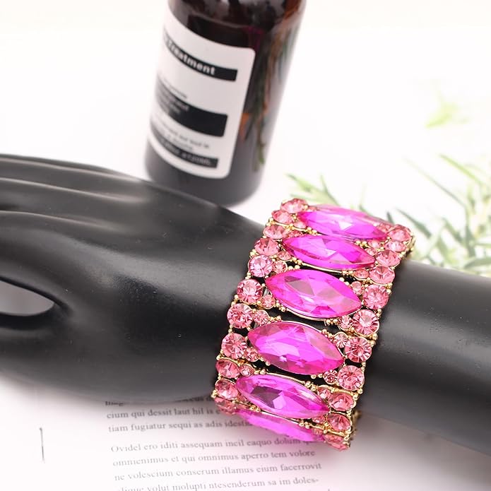Women’s Elegant Wedding Bridal Crystal Double Row Marquise-Shape Leaf Stretch Bangle Bracelet Bride Jewelry for Women
