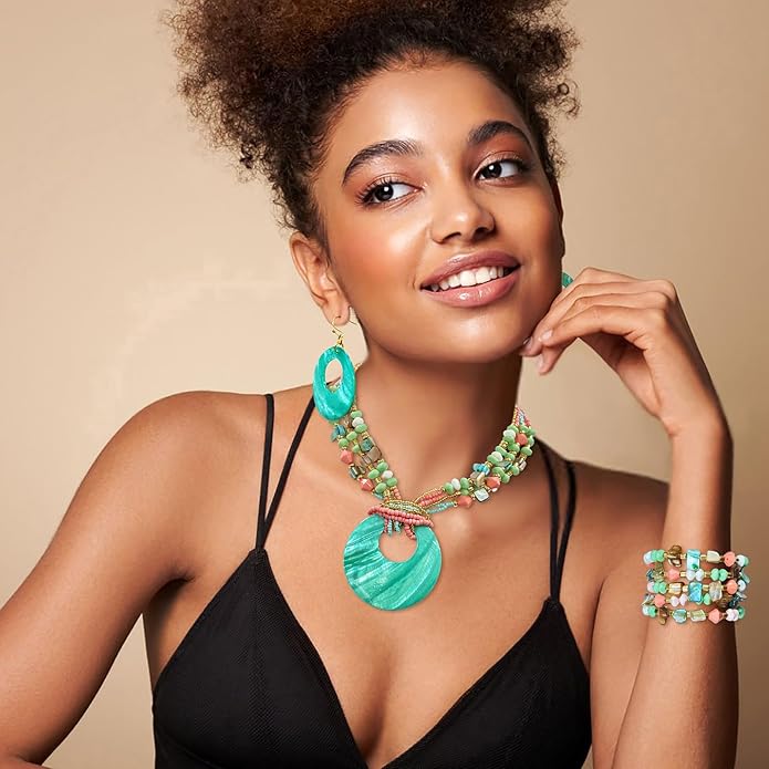 Jewelry Sets for Women 4 Pcs Chunky Beaded Mrs Roper Costume Jewelry for Women Boho Multi Strand Colorful Shell Necklace for Women