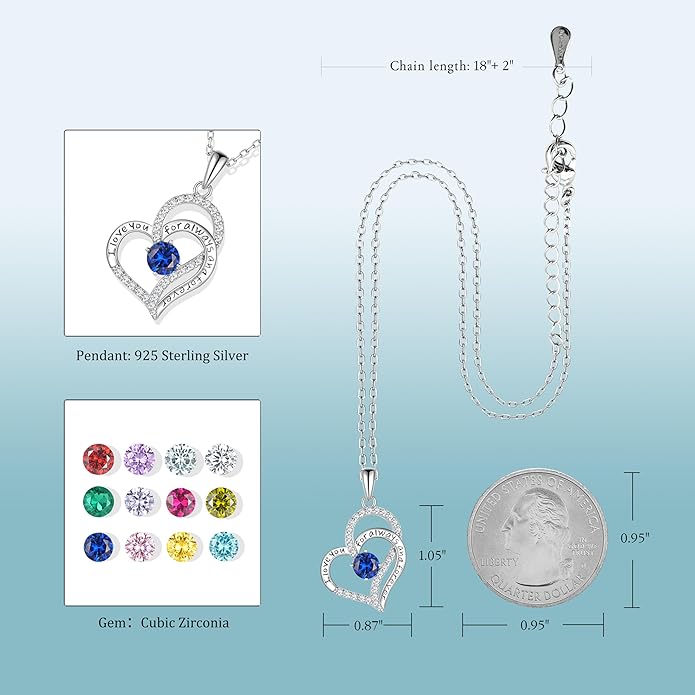 Birthday Gifts Double Heart Birthstone Necklace for Women, S925 Sterling Silver Pendant Necklace Jewelry for Her Mother Mom Wife Girlfriend
