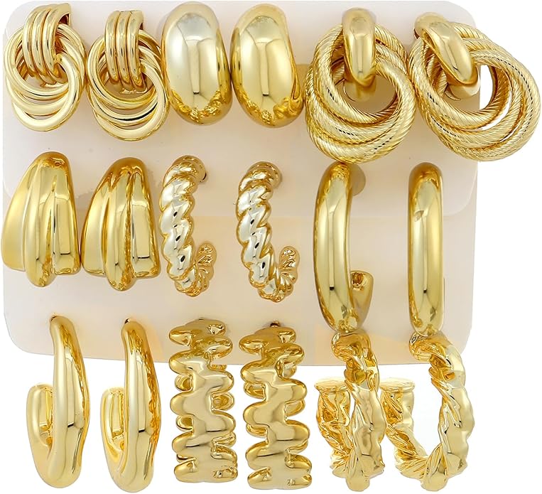 9 Pairs Chunky Gold Earrings Set for Women Trendy Lightweight Gold Plated Hoop Earrings Hypoallergenic Jewelry