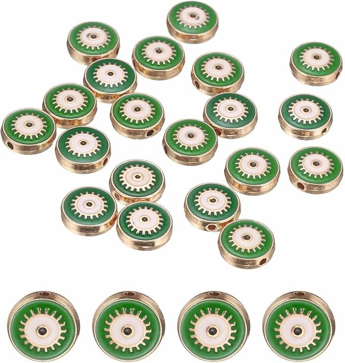 MECCANIXITY 20 Pcs Flat Round Evil Eye Beads Colorful Flat Loose Spacer Evil Eye Charms for DIY Bracelet Earrings Necklace Crafts Jewelry Making, Green