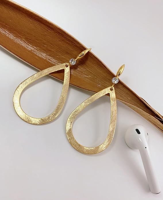 OZEL Gold Dangle Earrings for Women Brushed Finish, Matte Gold Statement Jewelry, 14k Gold Plated