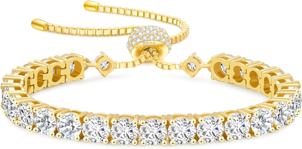 KRKC&CO Moissanite Bolo Tennis Bracelets for Women, 1.6-8.0 ct.tw, Adjustable Length S925 Sterling Silver, Christmas Gifts for Her, Luxury Box, 2/3/4mm D Color VVS1 White/14K/24K/Rose Gold Plated