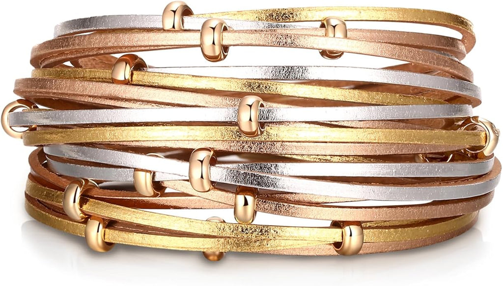Fesciory Leather Wrap Bracelets for Women, Boho Leopard Multi-Layer Crystal Beads Cuff Bracelet Jewelry