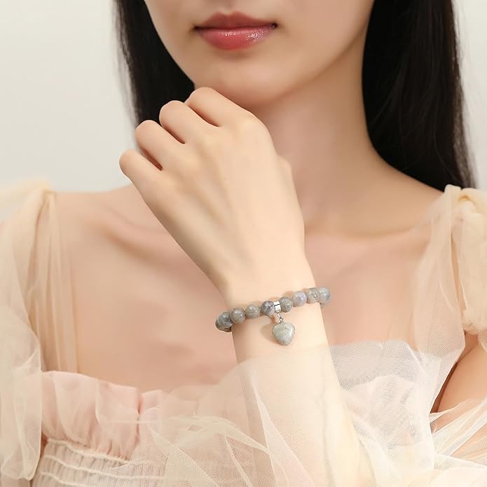 MAIBAOTA Healing Crystal Bracelet for Women, 8 mm Natural Gemstone Beaded Bracelet, Love Heart Bracelet Jewelry Gifts for Birthday Mothers Day Valentine's Day Anniversary
