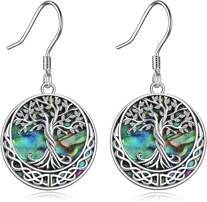 Tree of Life Earrings Sterling Silver Celtic Tree of Life Abalone Shell Dangle Drop Earrings for Women Jewelry