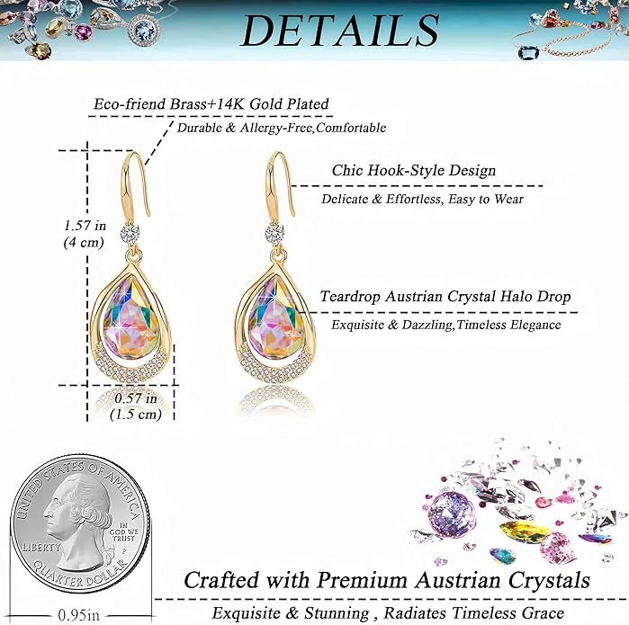 Austrian Crystal Halo Teardrop Hollow Drop Dangle Earrings for Women 14K Rose Gold Plated Hypoallergenic Jewelry Gifts
